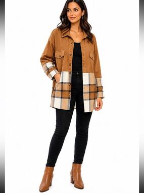 SHEIN Brown and Tan Plaid Utility Shacket